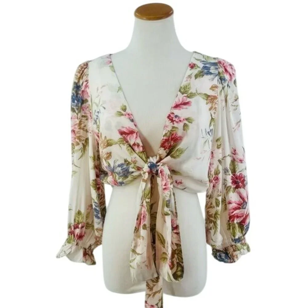 Auguste Vintage Inspired Floral Boho Tie Front Wrap Top Blouse - Picture 10 of 16